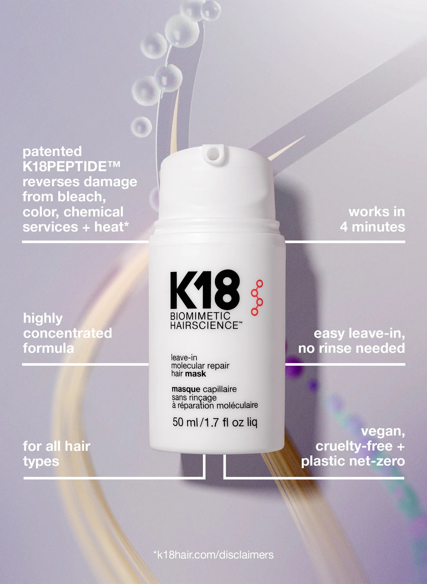 K18 Leave-In Molecular Hair Mask, Repairs Dry or Damaged Hair, Reverse Hair Damage from Bleach, Color, Chemical Services & Heat
